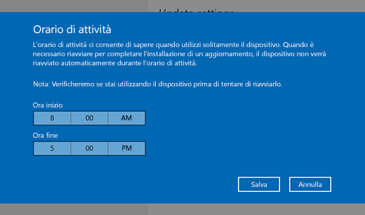 Screenshot della finestra di dialogo per modificare l'orario di attività