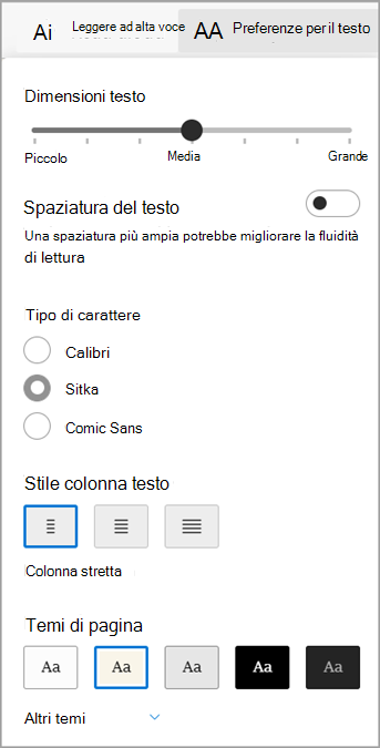 Preferenze di testo in Strumento di lettura immersiva per Microsoft Edge.