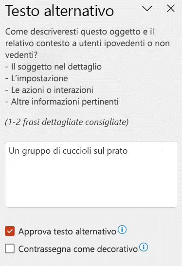 Testo alternativo automatico visualizzato nel riquadro Testo alternativo con la casella di controllo Approva testo alternativo selezionata.