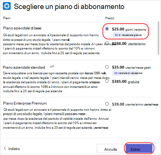 Selezionare il piano di abbonamento per un'app