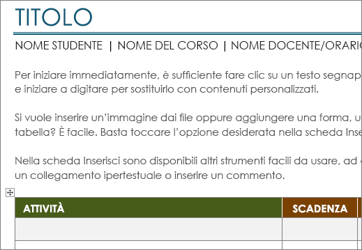 Nuova versione del modello Elenco attività progetto con una dimensione del carattere minima di 11 punti.