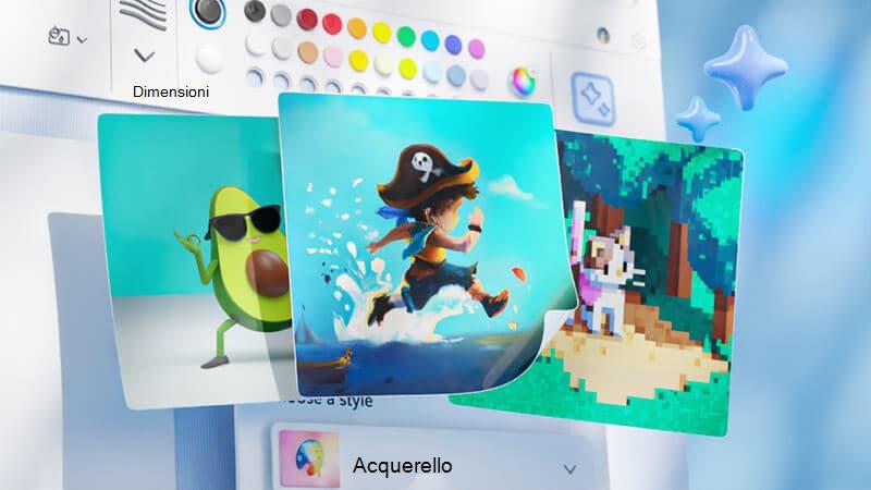 Immagine creativa che mostra 3 esempi di ciò che è possibile creare con Paint Cocreator. Le immagini sono costituite da un pirata dei cartoni animati che corre sull'acqua, un mezzo avocado danzante con gli occhiali da sole e un gatto di Minecraft in una foresta.