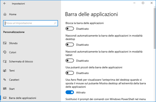 Impostazioni barra delle applicazioni