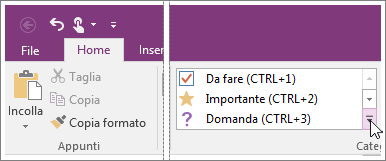 Screenshot dell'elenco di contrassegni in OneNote 2016.