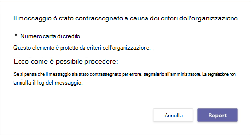 Finestra di dialogo che spiega perché un messaggio è stato contrassegnato dai criteri di prevenzione della perdita dei dati di un'organizzazione