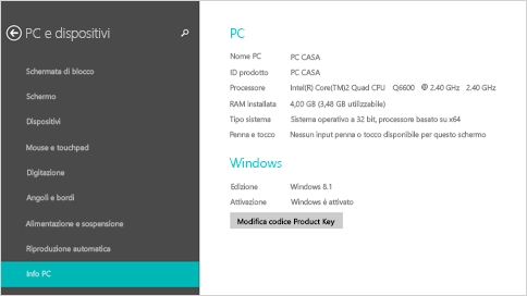 Pagina delle informazioni sul PC in Impostazioni PC