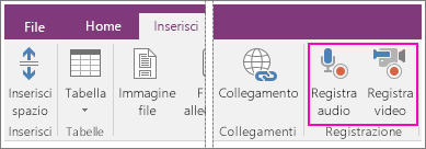 Screenshot del menu Inserisci con i pulsanti per audio e video in OneNote 2016.