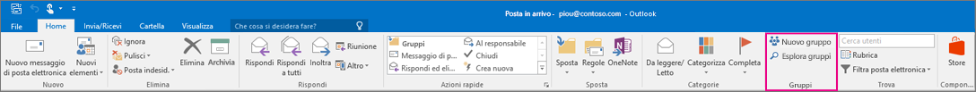 Opzioni di Gruppi sulla barra multifunzione di Outlook