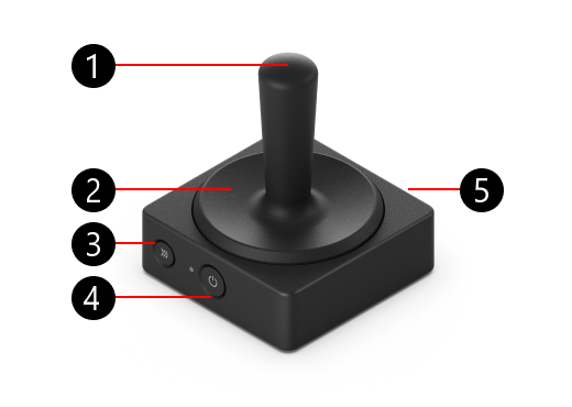 Pulsante del joystick adattivo Microsoft con numeri per identificare le funzionalità fisiche.