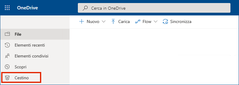 Cestino visualizzato nel menu di sinistra di OneDrive for Business online