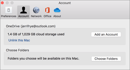 Screenshot dell'aggiunta di un account nelle preferenze di OneDrive in un Mac