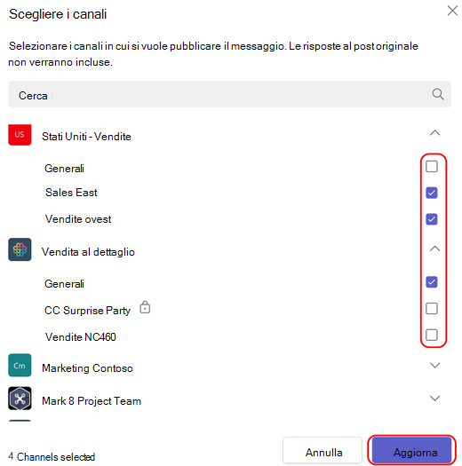 Scegliere i canali in cui pubblicare.
