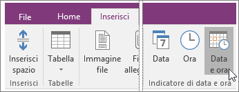 Screenshot del pulsante Data e ora in OneNote 2016.