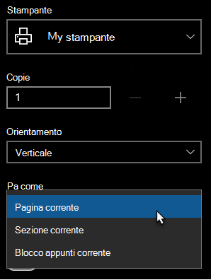 Finestra di dialogo della stampante con una singola pagina selezionata