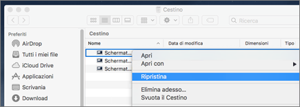 Menu di scelta rapida per recuperare un file dal Cestino in un Mac