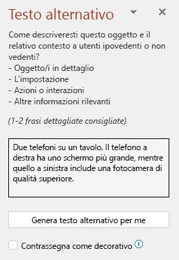 Riquadro di testo alternativo che mostra un esempio di testo alternativo valido.