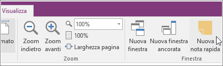 Screenshot del pulsante Nuova nota rapida in OneNote 2016