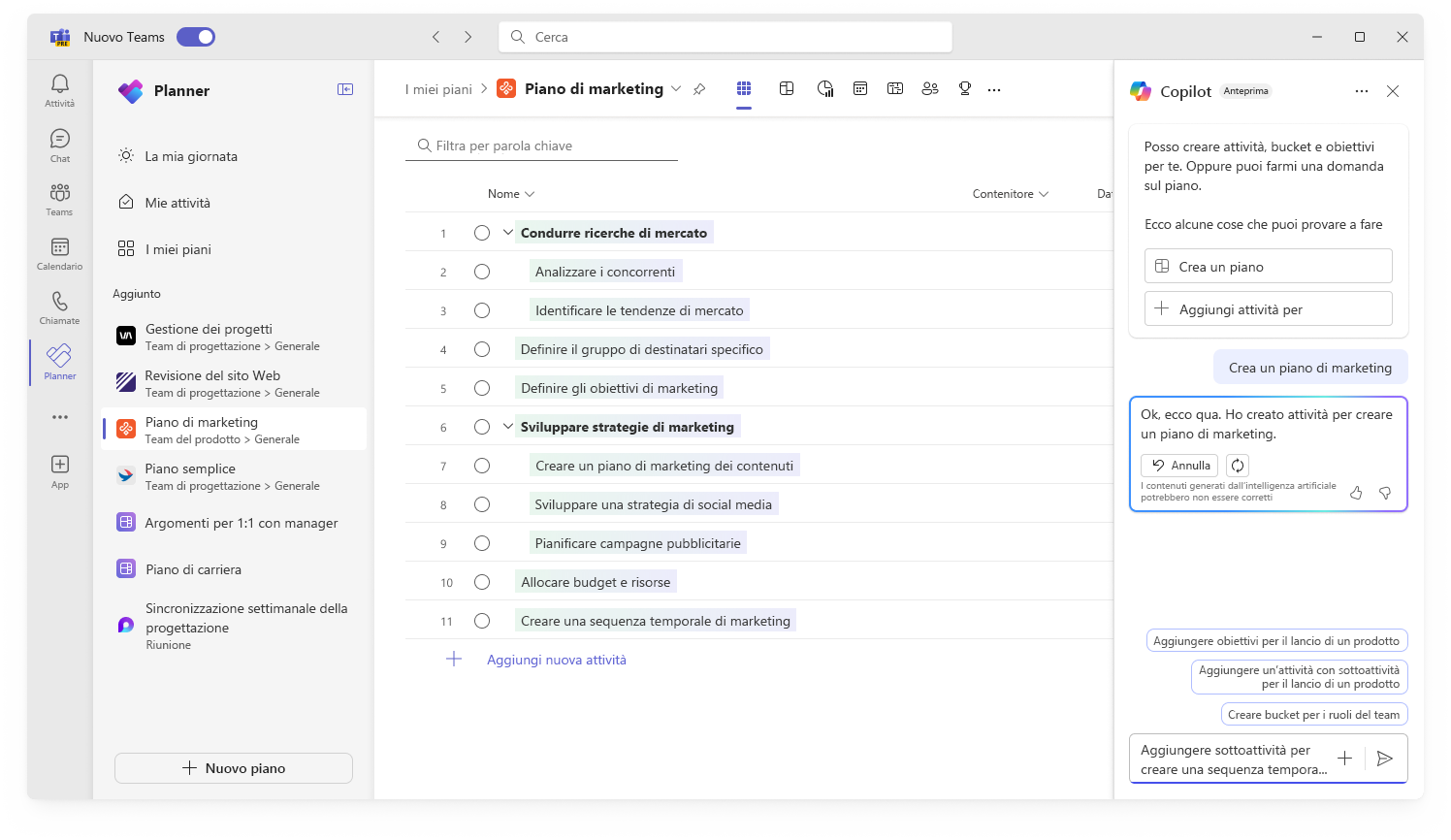 Lo screenshot mostra l'interfaccia utente di Copilot in Planner creando un nuovo piano.