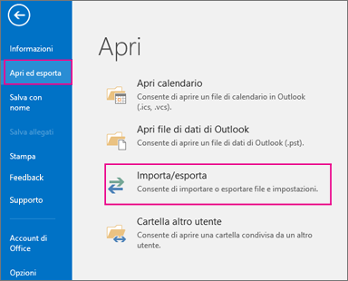 Scegliere Apri ed esporta e quindi Importa/Esporta.