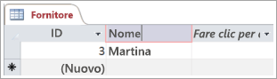 Parte di schermata della tabella Fornitori che mostra due righe con l'ID