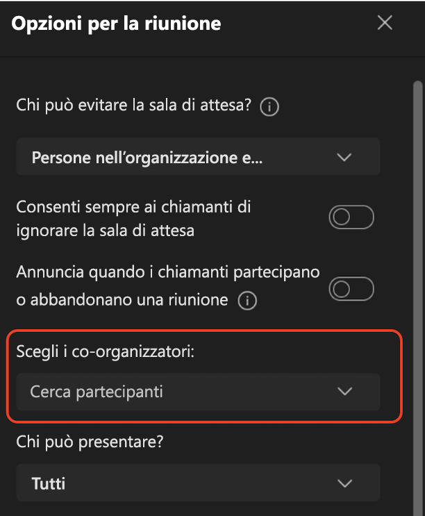 Interfaccia utente delle opzioni riunione