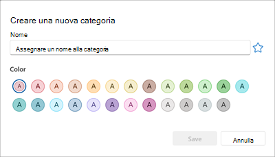 Pannello per creare una nuova categoria colore