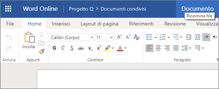 Fare clic sulla barra del titolo per cambiare il nome di un documento di Word Online