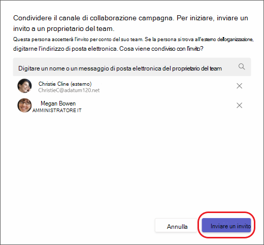 Teams - Invitare un altro team a un canale condiviso