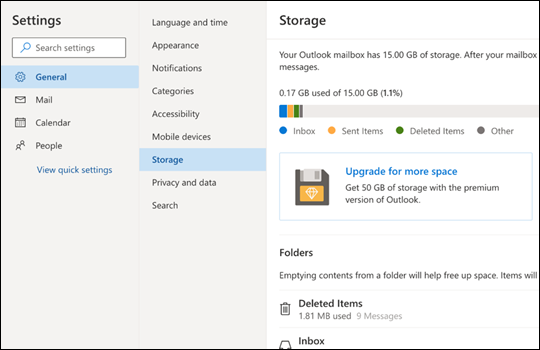 Menu Archiviazione per Outlook.com.