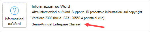 Indicazione del Canale Enterprise semestrale nell'area Informazioni su Word della sezione Informazioni sui prodotti.