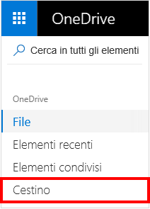 Selezione del Cestino in OneDrive