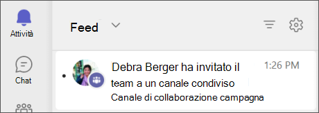 Teams - Un canale esterno è stato condiviso con il feed attività del team