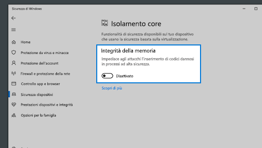 Dettagli sull'integrità della memoria nell'isolamento core