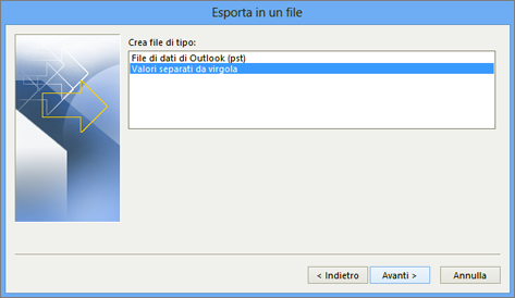 esportazione guidata di outlook - scegliere il file csv