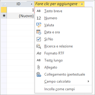 Parte di schermata dell'elenco a discesa Fare clic per aggiungere tipo di dati