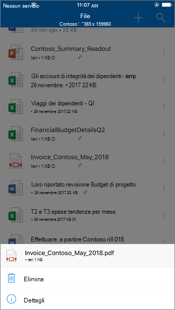 Screenshot dell'eliminazione di un file bloccato da OneDrive for Business dall'app OneDrive per dispositivi mobili