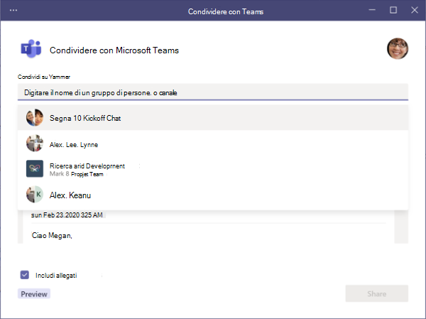 Condividere in Teams - schermata Scegli destinatari