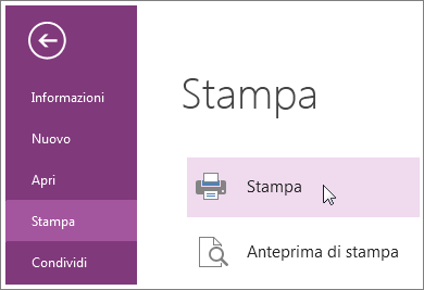 È possibile stampare pagine di OneNote dal menu Stampa