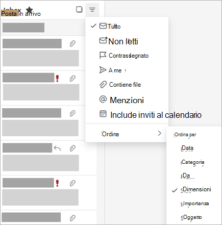 Screenshot del menu Filtro con l'opzione Ordina per selezionata