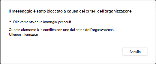 Un messaggio di finestra di dialogo spiega perché un messaggio è stato eliminato per contenere contenuto per adulti.