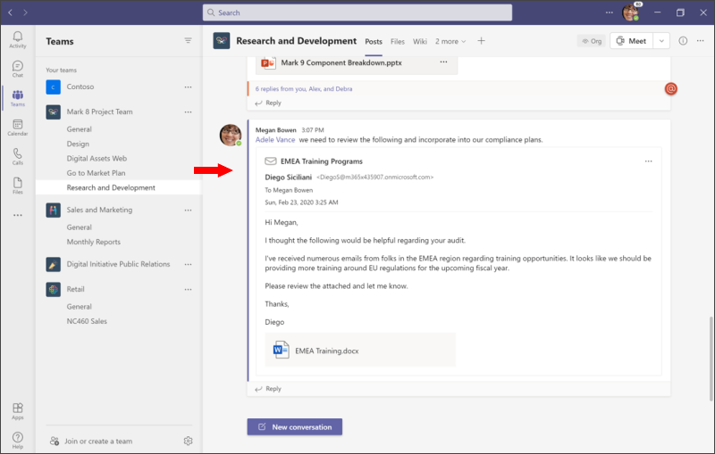 Condividere in Teams - visualizzare la posta elettronica nello screenshot di Teams