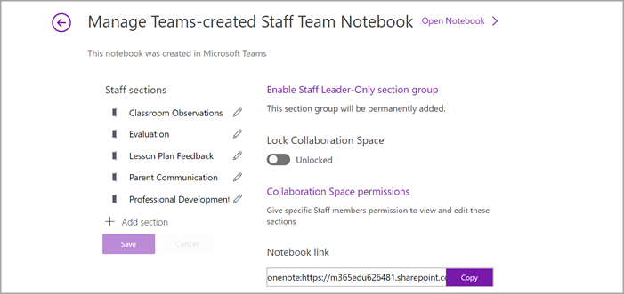 Screenshot della pagina di gestione delle impostazioni di Blocco appunti per personale in OneNote.