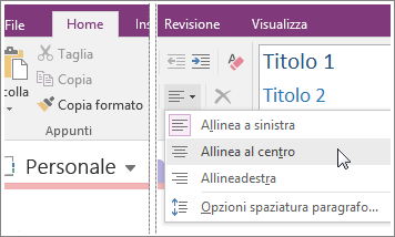 Screenshot del pulsante Allineamento paragrafo in OneNote 2016.