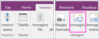 Screenshot del pulsante Inserisci immagini in OneNote 2016.