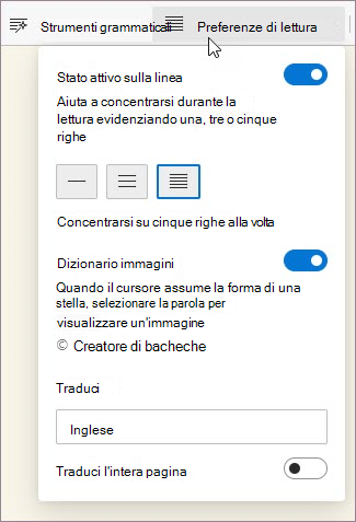 Preferenze di lettura in Strumento di lettura immersiva