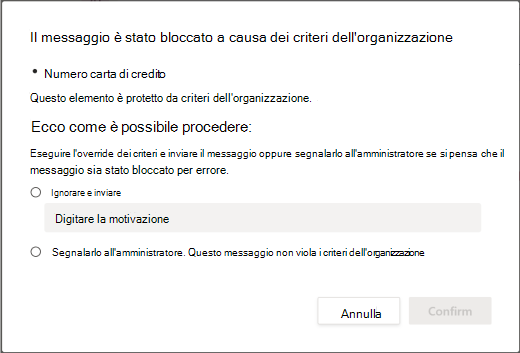 Opzioni di override per i criteri di prevenzione della perdita dei dati dell'organizzazione