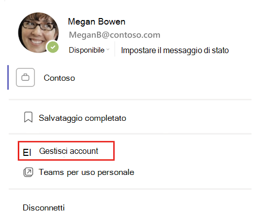 In una scheda profilo, una casella rossa evidenzia Gestisci account.