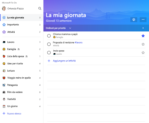 Screenshot che mostra la barra laterale e l'elenco La mia giornata in Microsoft To-Do