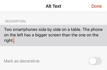 PowerPoint for iOS の [代替テキスト] ダイアログ ボックス。