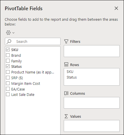 Excel for the webのピボットテーブル フィールド